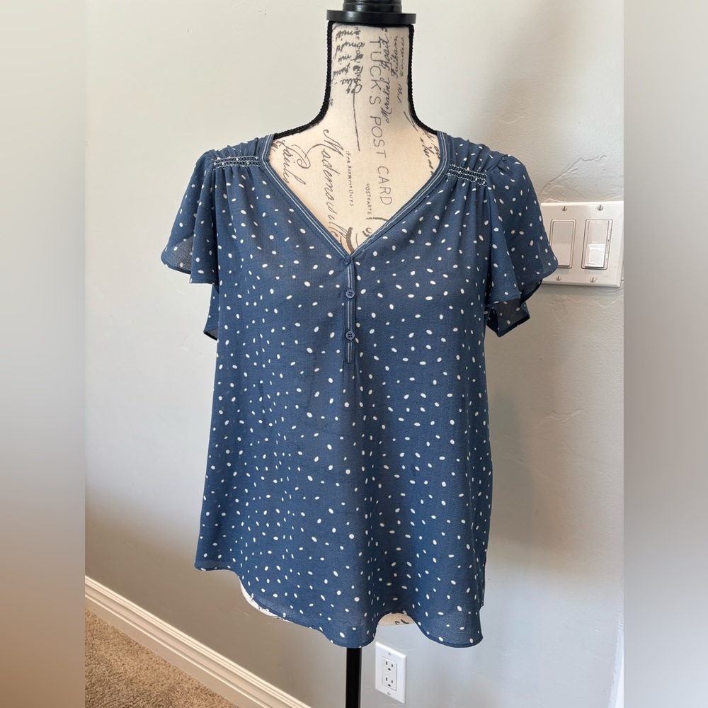 Max Studio Navy and White Polka Dot Blouse